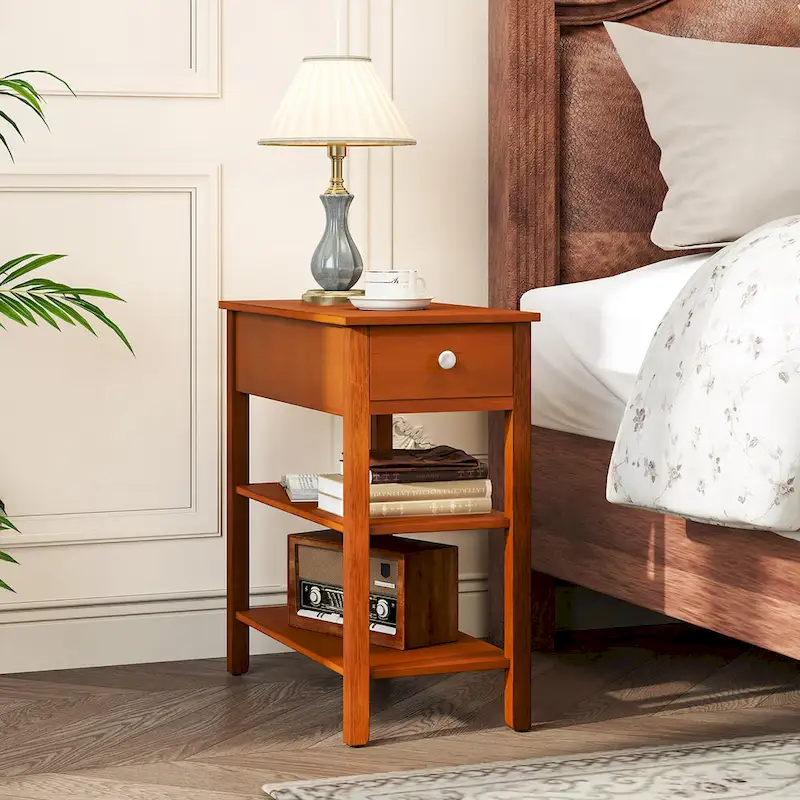 Gymax 2 PCS Narrow End Tables w/Drawer Shelves & Rubber Wood Legs Sofa