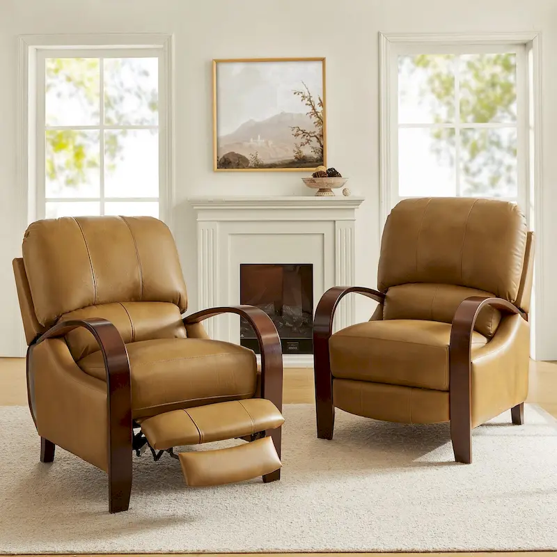 Alex Mid-century Modern Cigar Genuine Leather Manual Recliner with Wooden Curved Arms, Set of 2