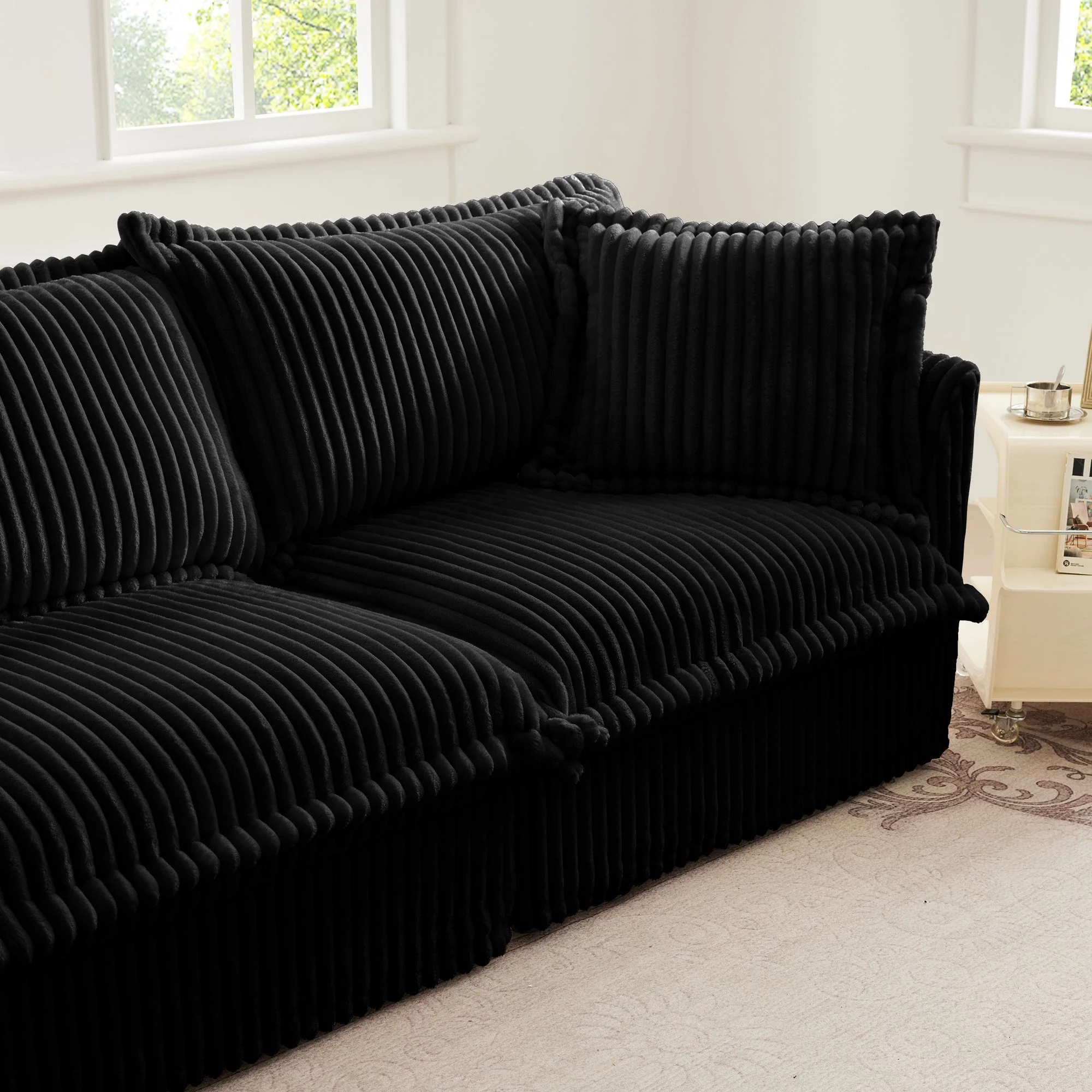 Walker Edison | Cloud Slipcovered Black Sectional Sofa with Ottoman