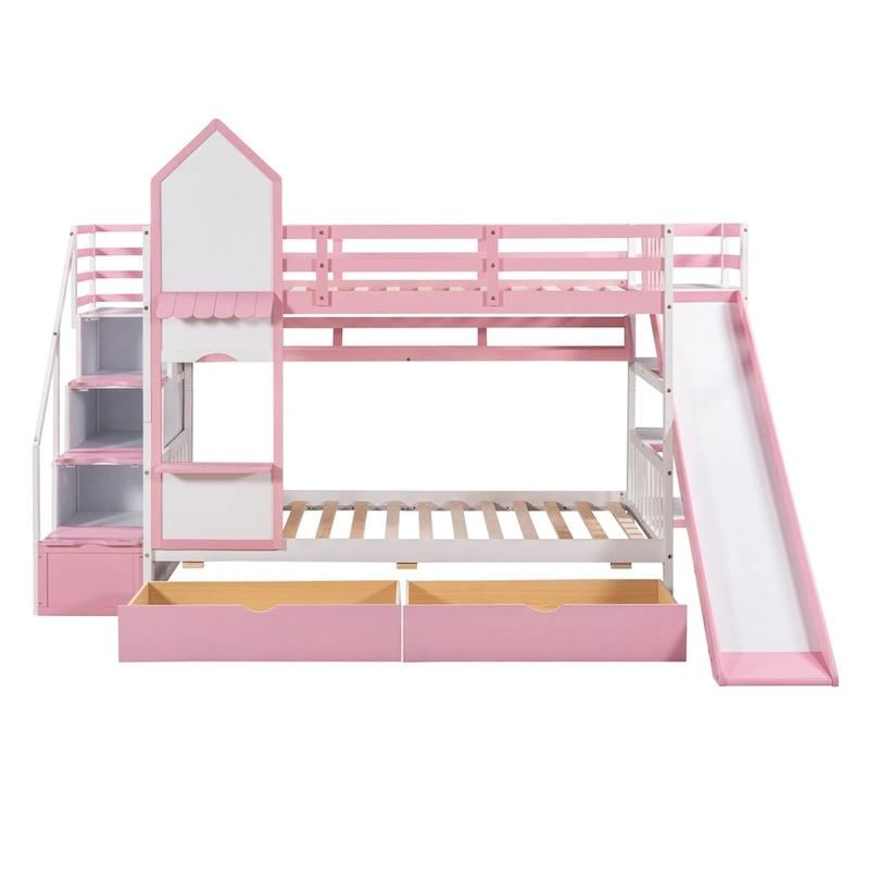 Twin-Over-Twin Castle Style Bunk Bed with Drawers,Shelves,Slide