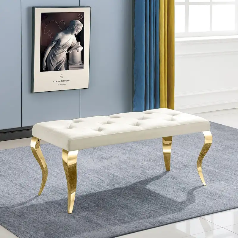 Luxury Velvet Bench Button Tufted Upholstered Dining Bench with Polished Metal Legs