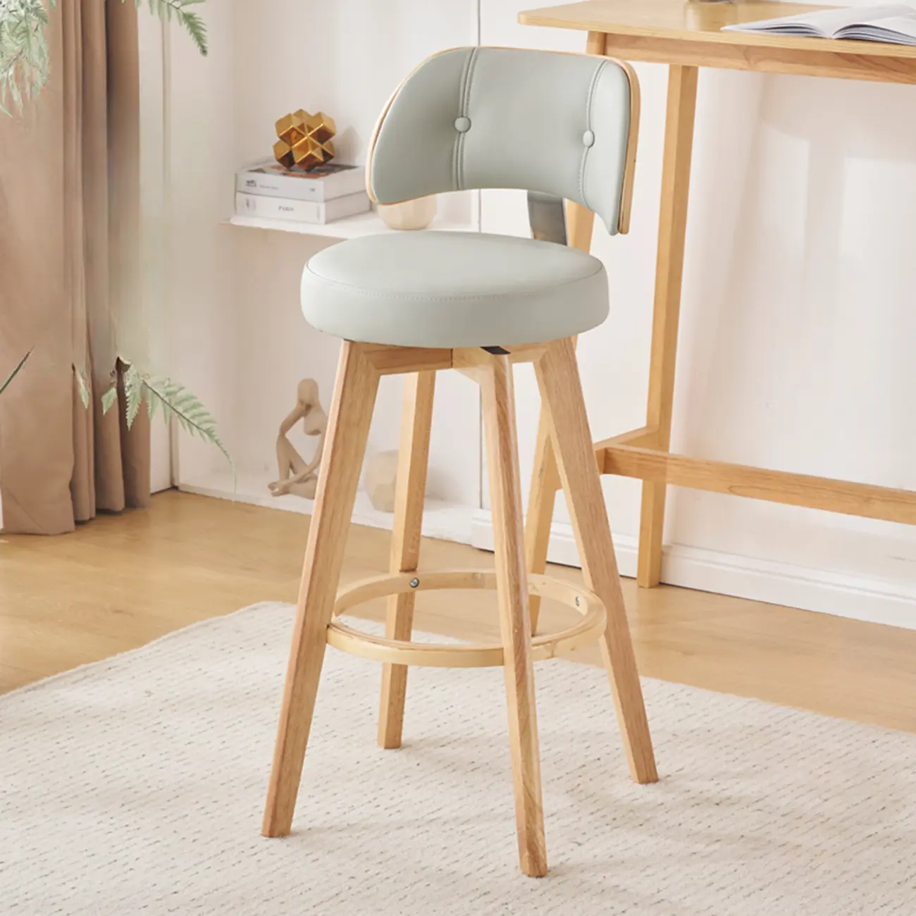 Natural Wood Round Leather Swivel Bar Stools