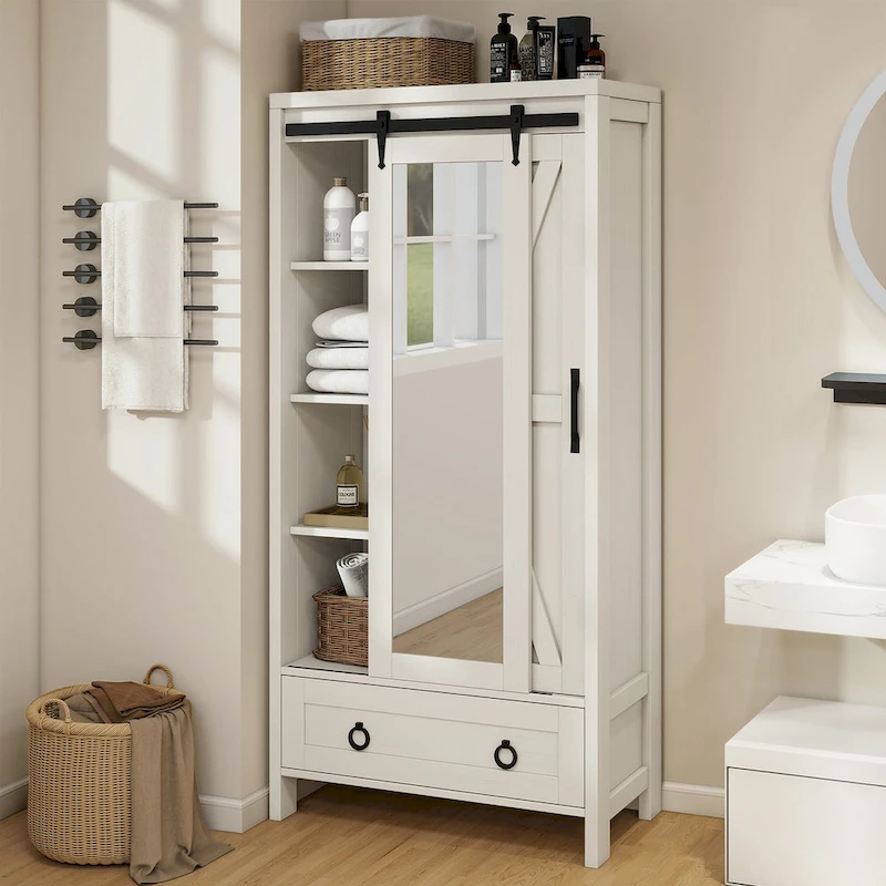 Moasis Tall and Wide Storage Cabinet with Doors and Full Length Mirror for Bathroom