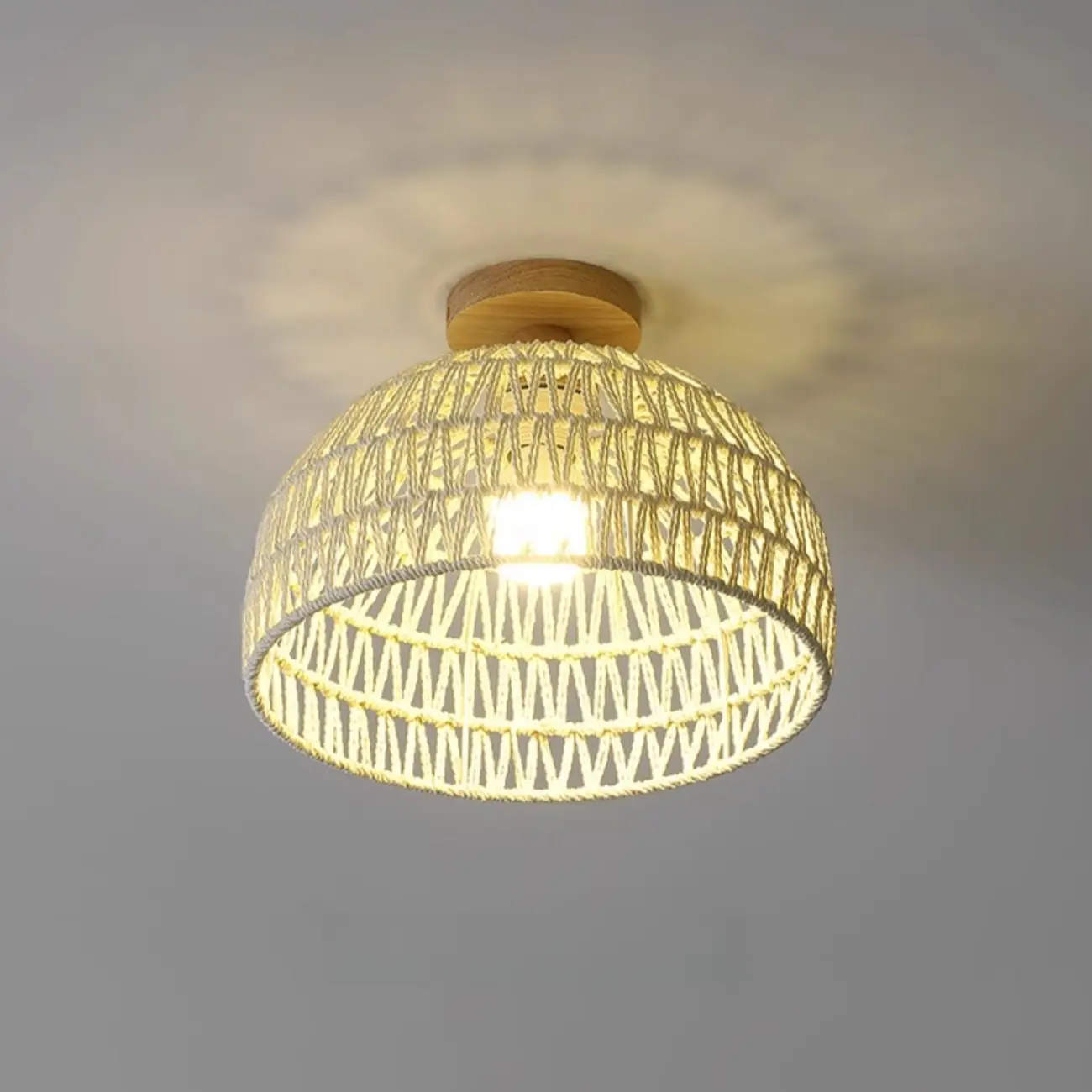Natural Finish Semi Flush Ceiling Light with Rope Dome Shade