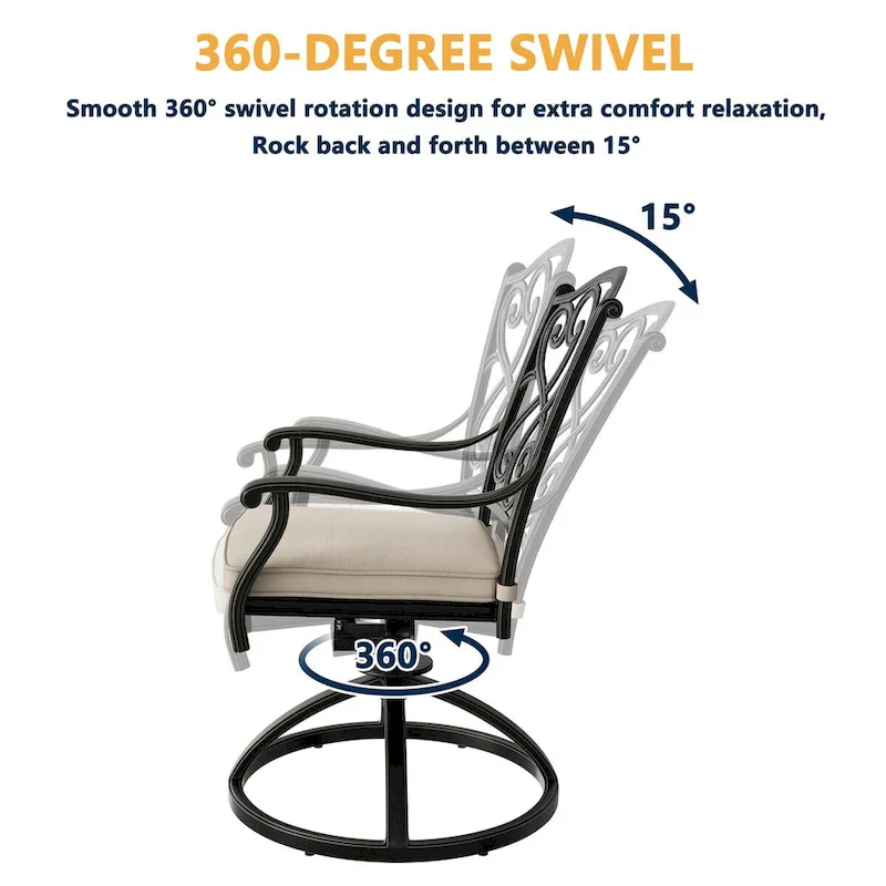 Patio Cast Alum Carved Swivel Dining Chairs with Cushions(Set of 2)