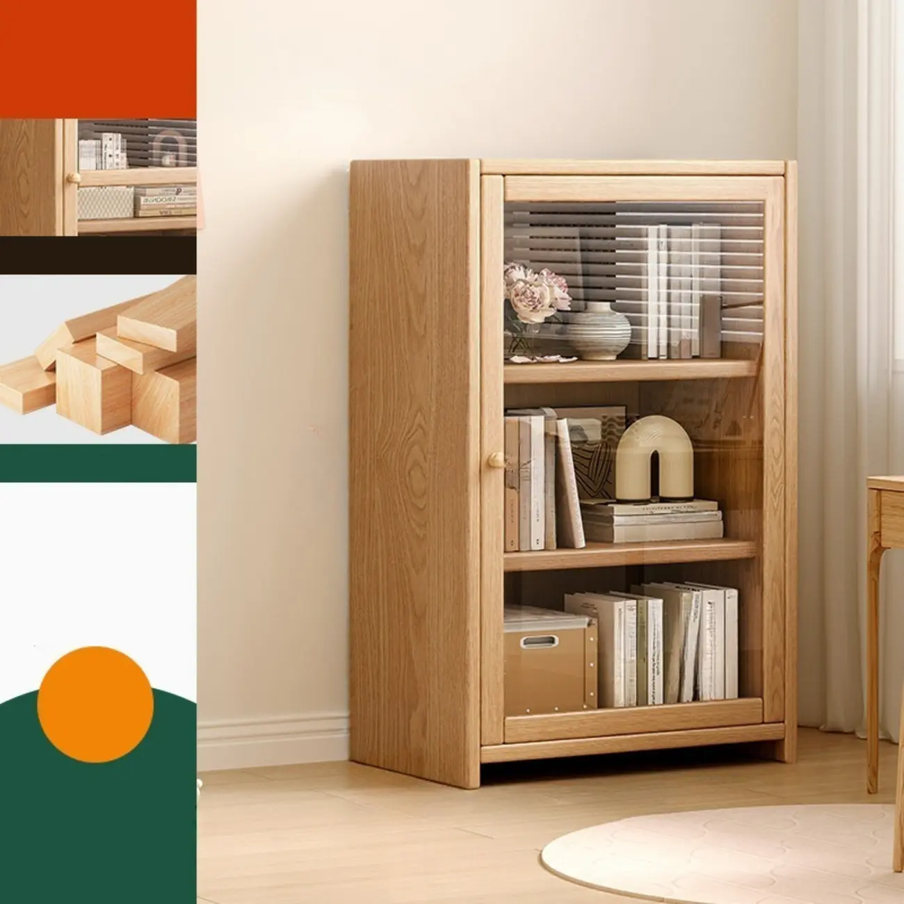 Natural Wood 5-Tier Cabinet Vertical Bookcase with Doors