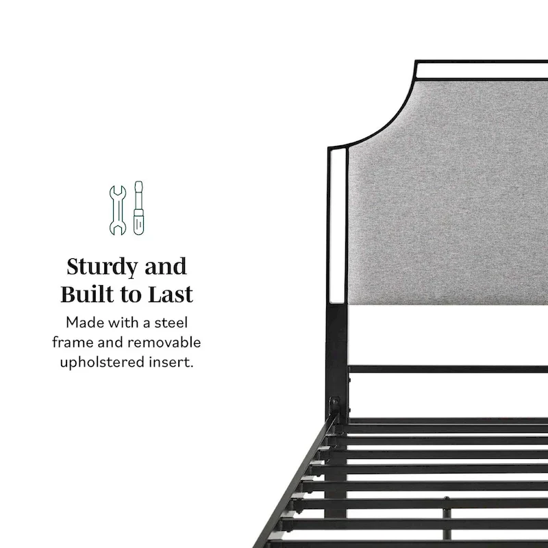 Queen Upholstered Curved Metal Bed Frame with Removable Headboard Insert – Grey / Tan, for 1–2 People
