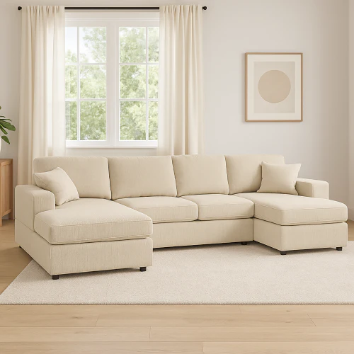 Walker Edison | Coastal Beige Corduroy Double-Chaise Cloud Sectional Sofa