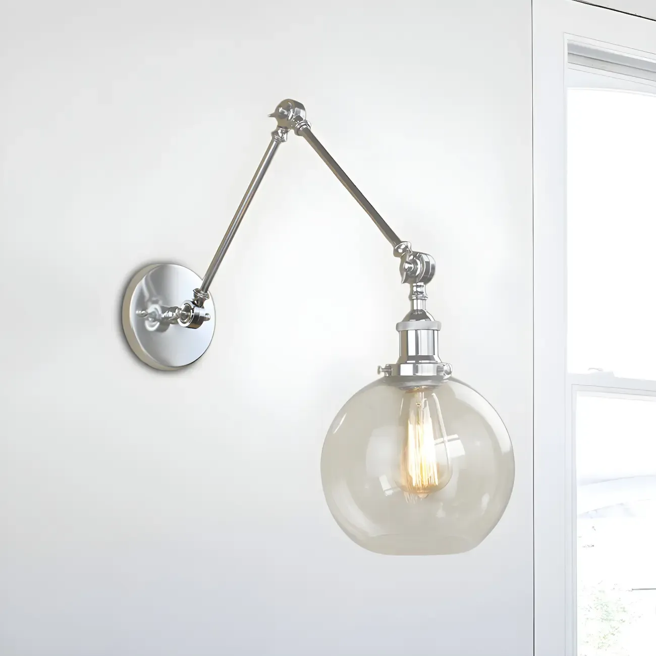 Industrial Silver Swing Arm Wall Light with Globe Clear Shade