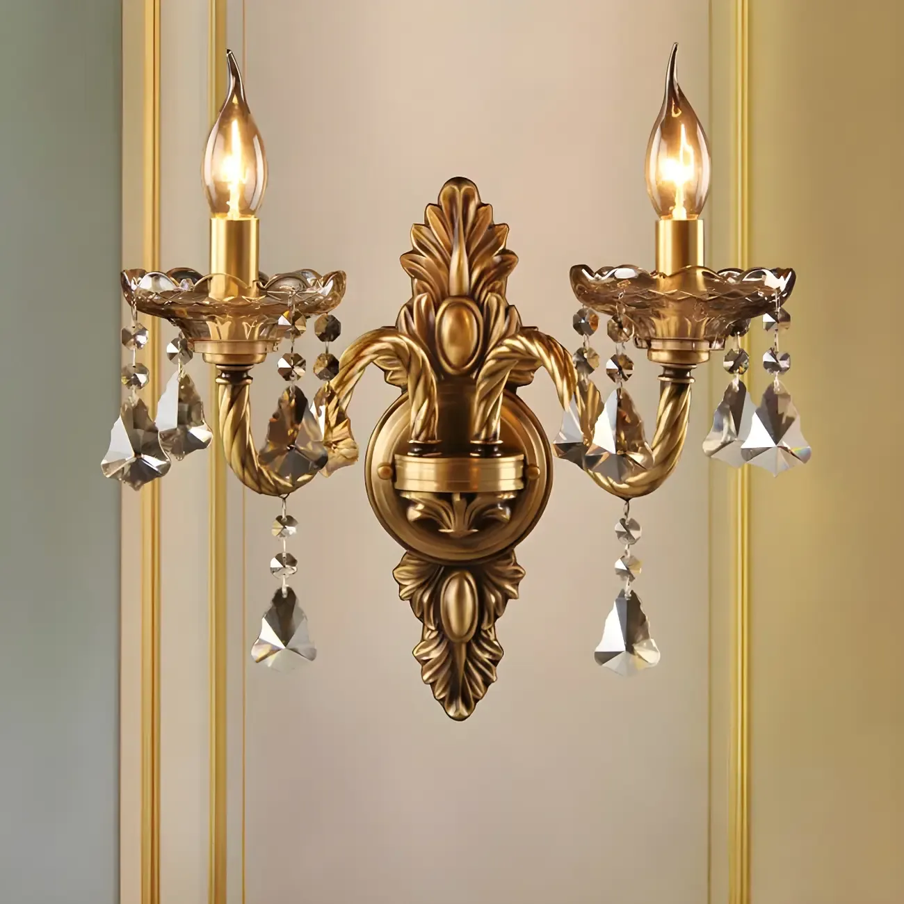 Vintage 2-Light Golden Crystal Candelabra Wall Sconce