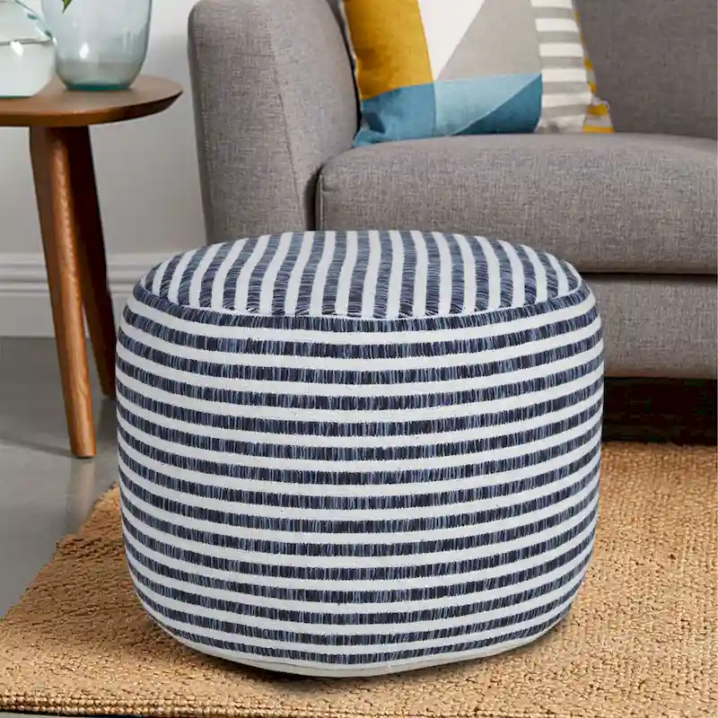 18 Blue and White Striped Round Pouf Ottoman