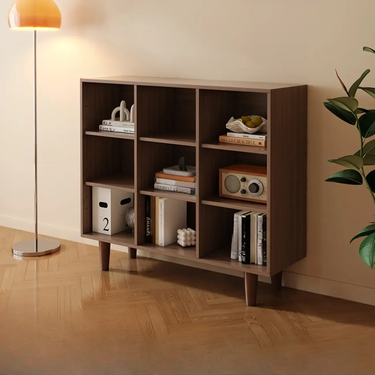 Wide 7-Shelf Modern Wooden Nut-Brown Open Bookcase