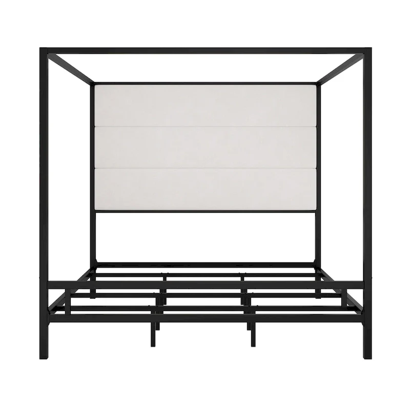 Sleek Modern Metal Canopy Bed with Tall Linen Upholstered Headboard