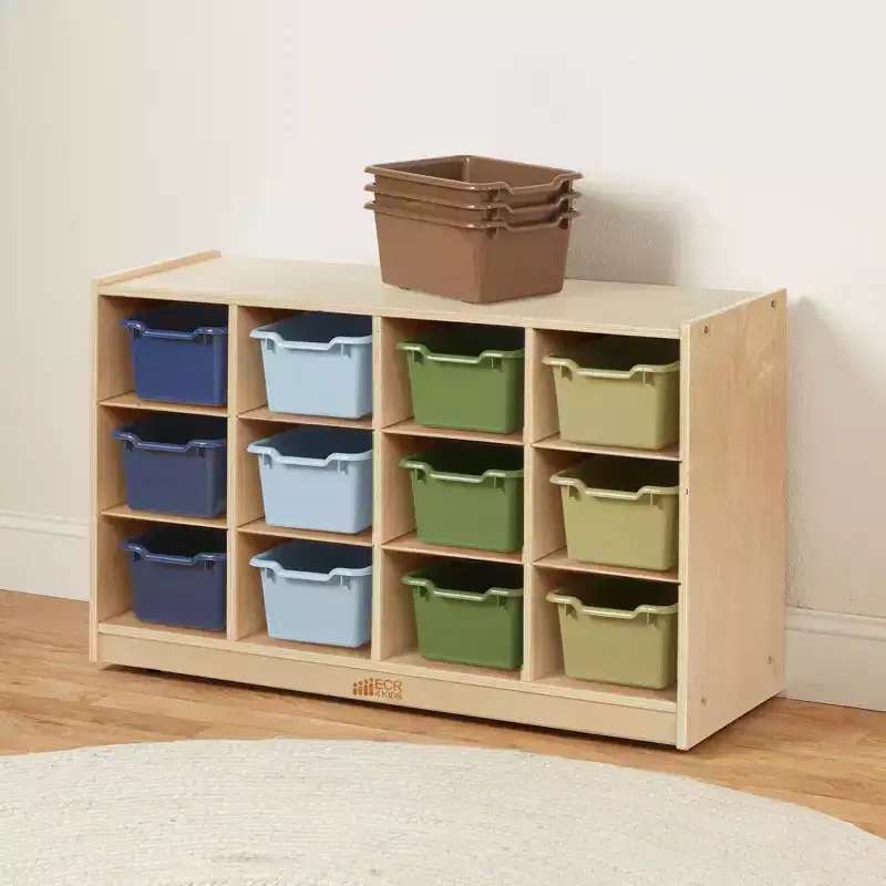 ECR4Kids 12 Cubby Mobile Tray Cabinet and 15 Scoop Front Bins, 3x4, Kids Furniture