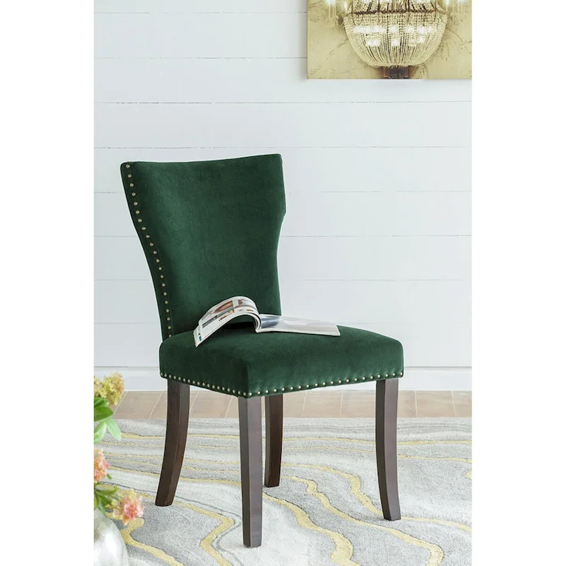 Velvet Armless Nail Head Wooden Dining Chairs 37 Green and Brown 2Ct