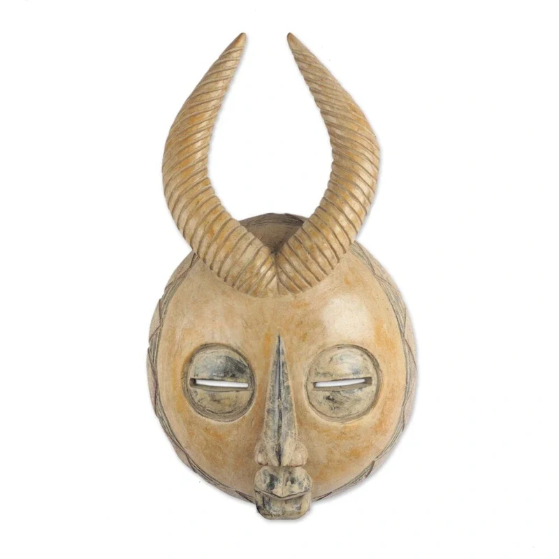 Handmade Yellow Gazelle African Wood Mask (Ghana) - 17.25  H x 9.5  W x 3.5  D