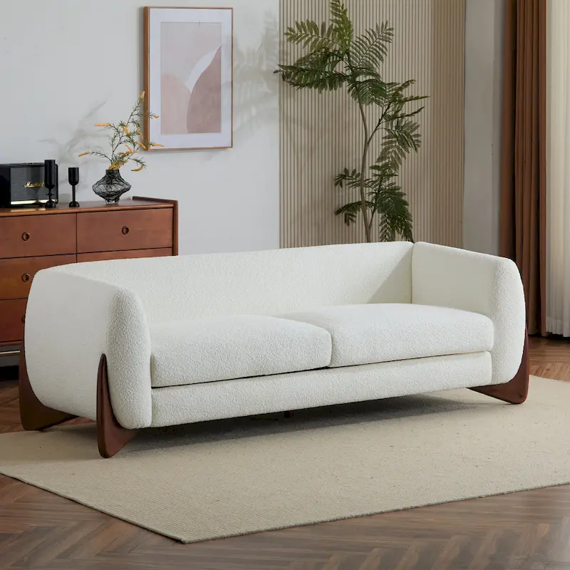 Off-White Boucle 3-Seat Sofa with Birch Wood Legs