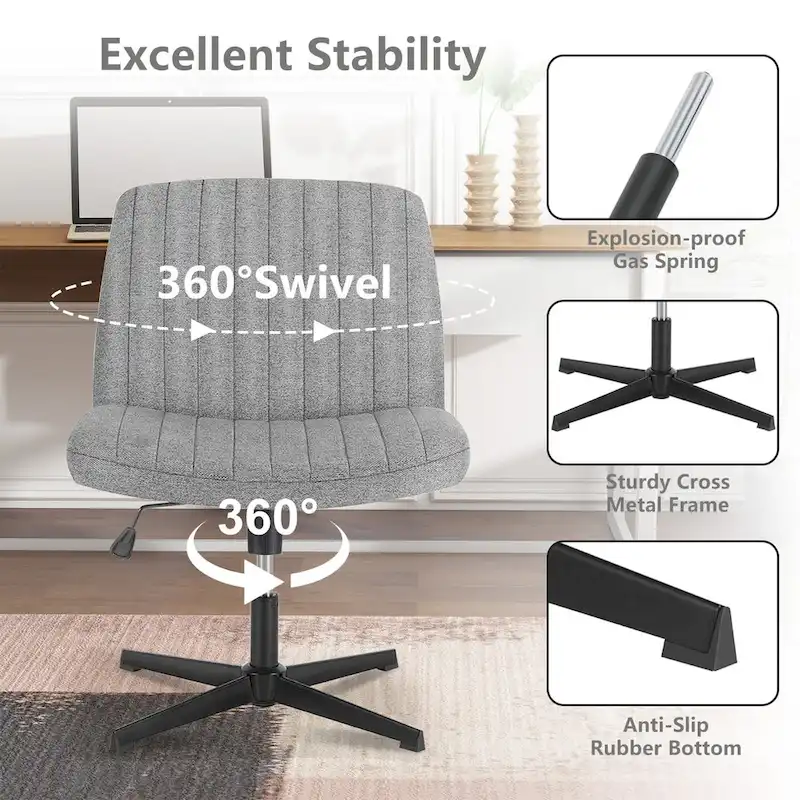 Criss Cross Legged Office, Wide Comfty Desk, Wheels Armless Computer Task, Swivel Vanity Home Chair, Height Adjustable