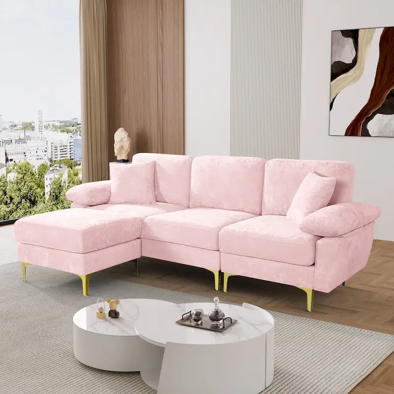 Ouyessir 2-Pieces Upholstered Velvet Sectional Sofa with 2 Pillows & Ottoman