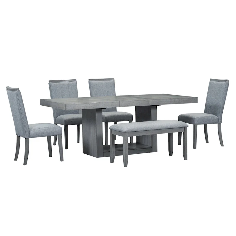 6-Piece 78inch Extendable Pedestal Dining Table Set with 18inch Removable Leaf and Dining Bench, 4 Upholstered Dining Chairs