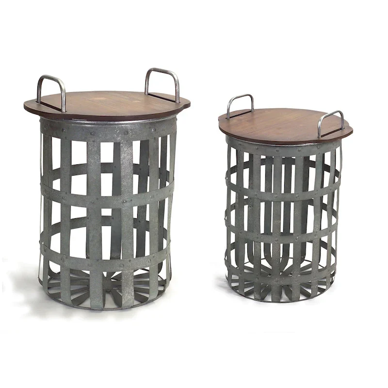 Metal and Wood Side Basket Tables (Set of 2)