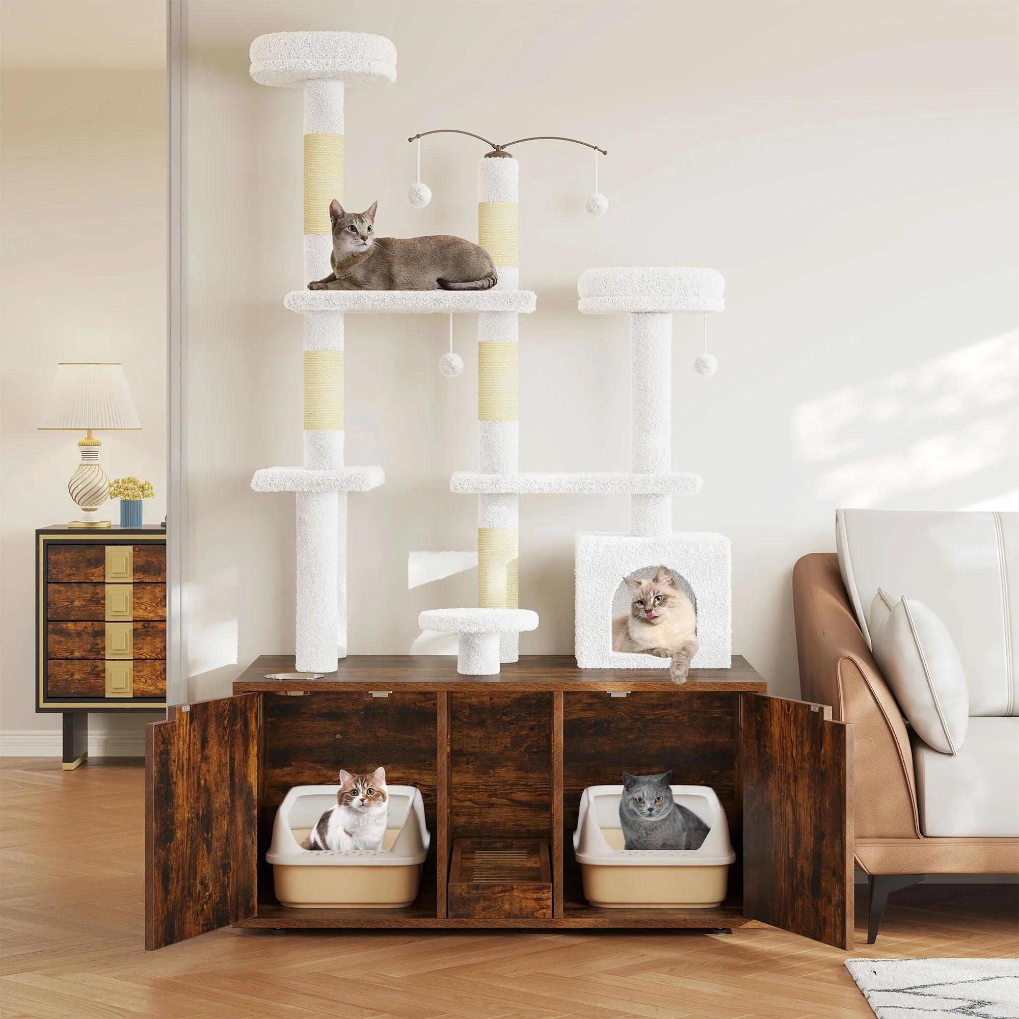 Moasis Double Cat Litter Box Enclosure with Scratching Post Cat Tree