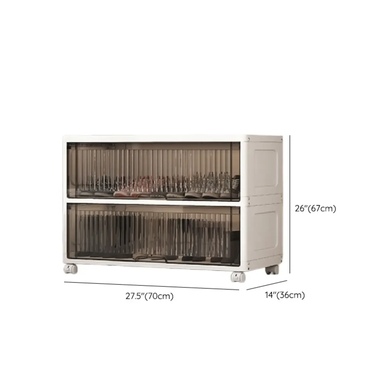 Hallway White Plastic Drop-Front Shoe Cabinet with Casters