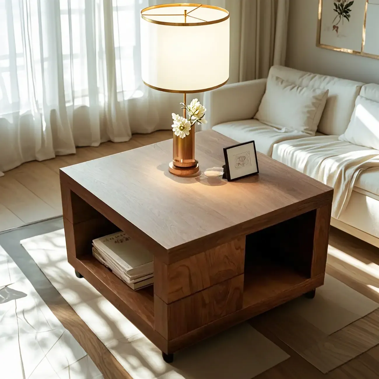 Modern Walnut Wood End Table with Storage for Living Room