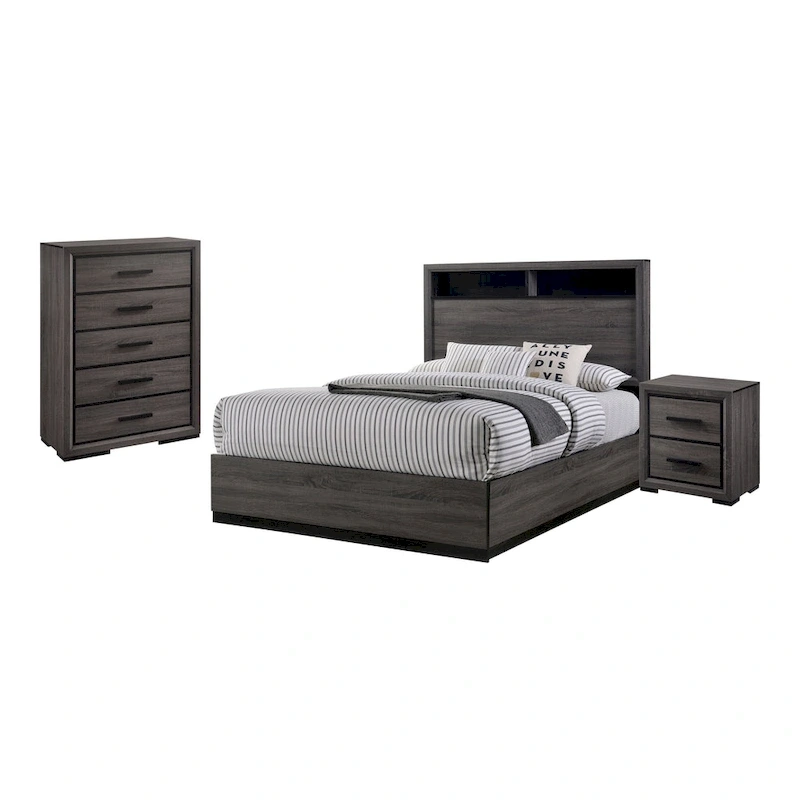 Rothwell Contemporary Grey Wood 3-Piece Panel Bedroom Set with Shelves by Furniture of America