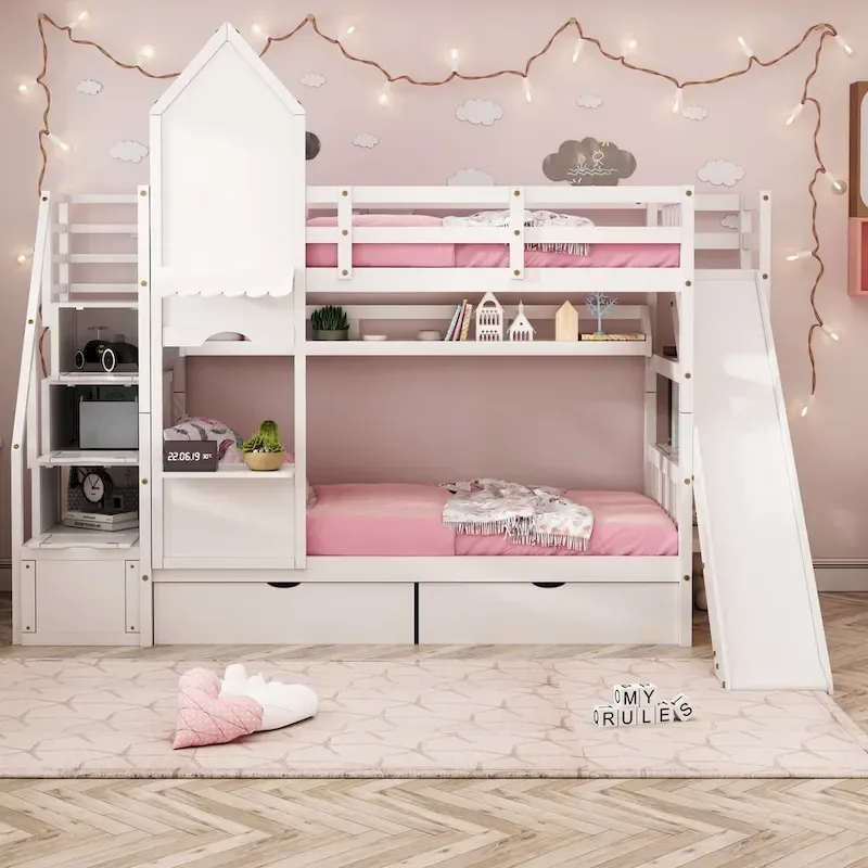 Twin-Over-Twin Castle Style Bunk Bed with Drawers,Shelves,Slide