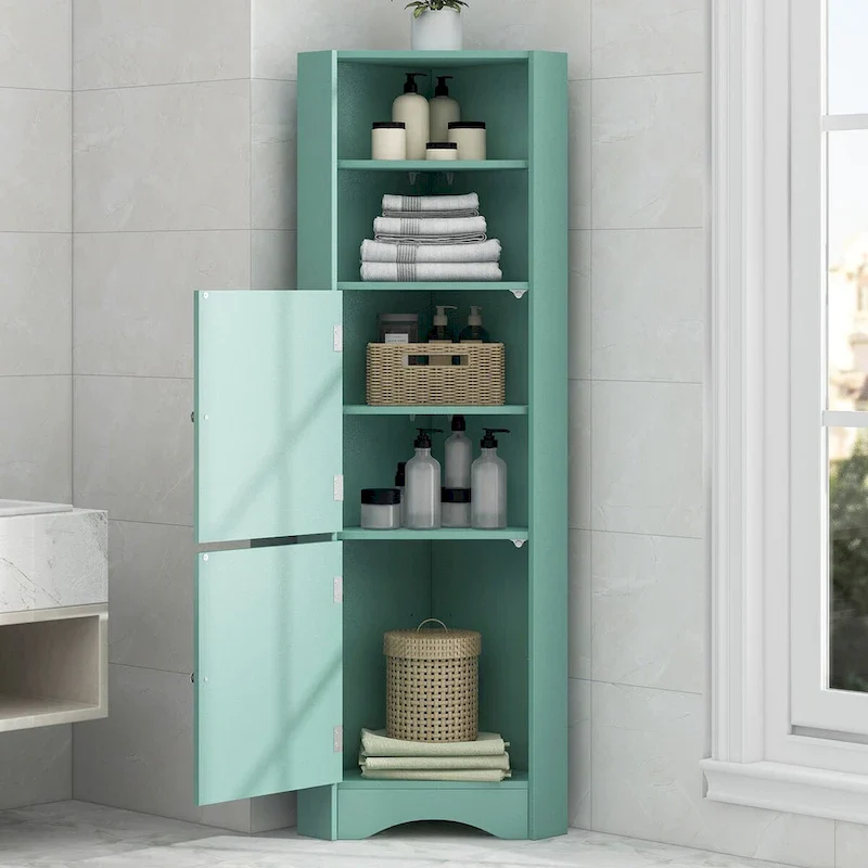 Tall Bathroom Corner Cabinet, Freestanding Storage Cabinet with Doors and Adjustable Shelves, MDF Board, Green
