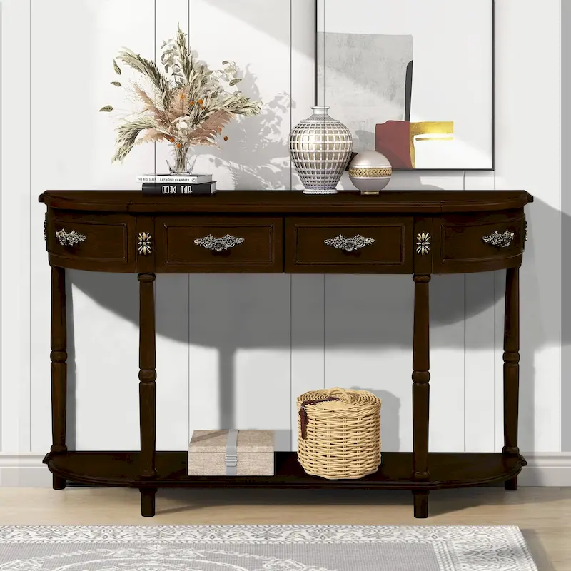 52 inch Circular Half Moon Sofa Table with Open Shelf and 2 Drawers