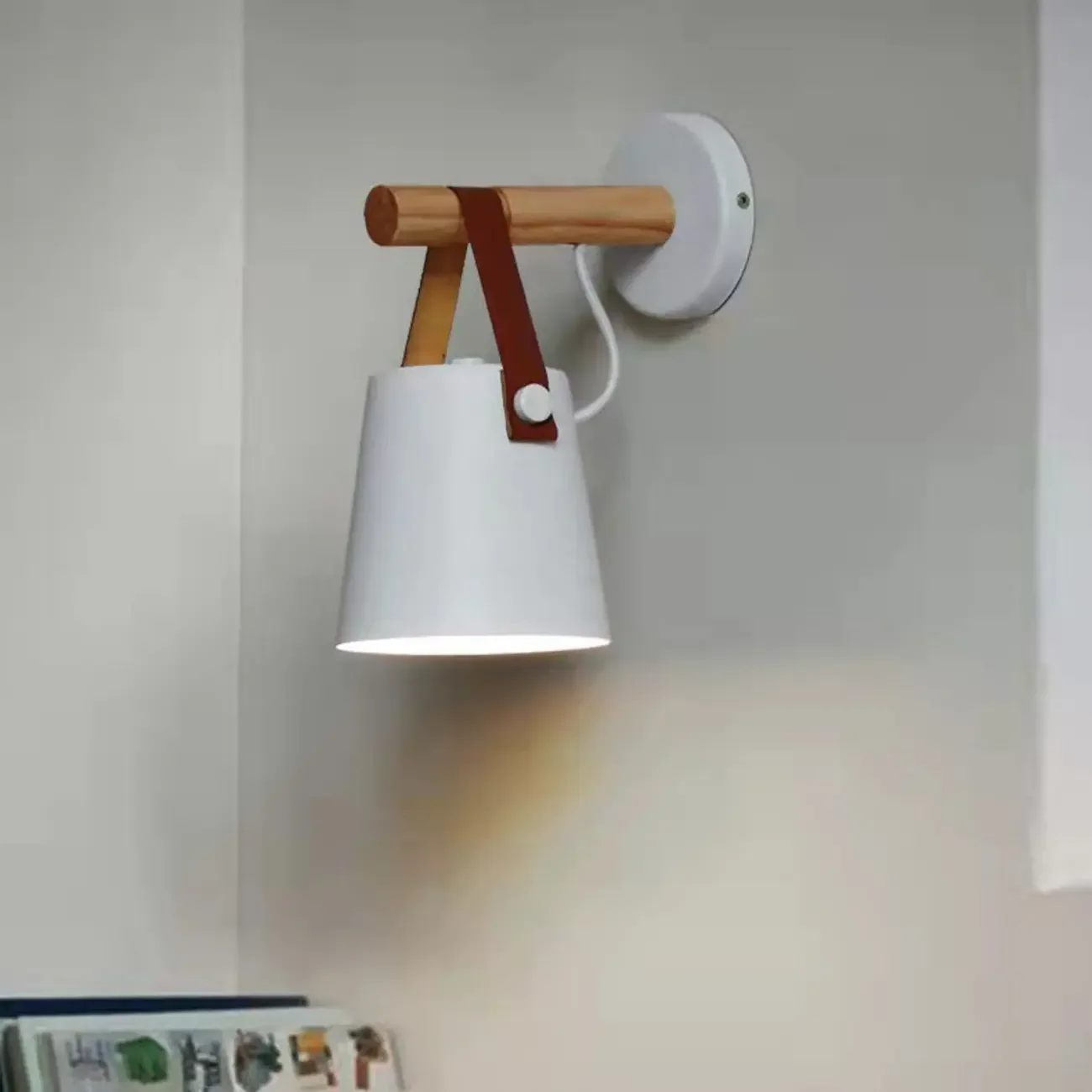 Modern Wall Sconce Wood and Metal with Leather Strap