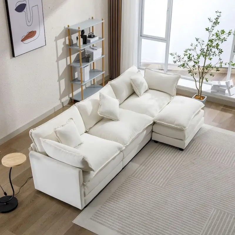 112.2 L-Shape Chenille Upholstered Sofa for Living Room Modern Luxury Sofa Couch with Ottoman