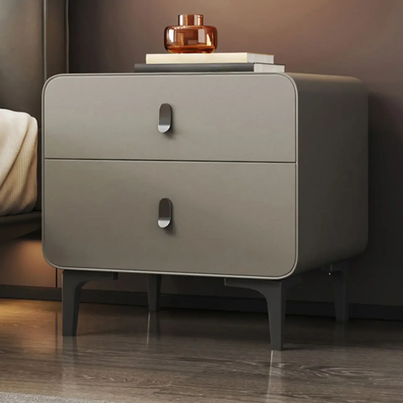 Freestanding Leather Arched Edge White Nightstand with Drawers