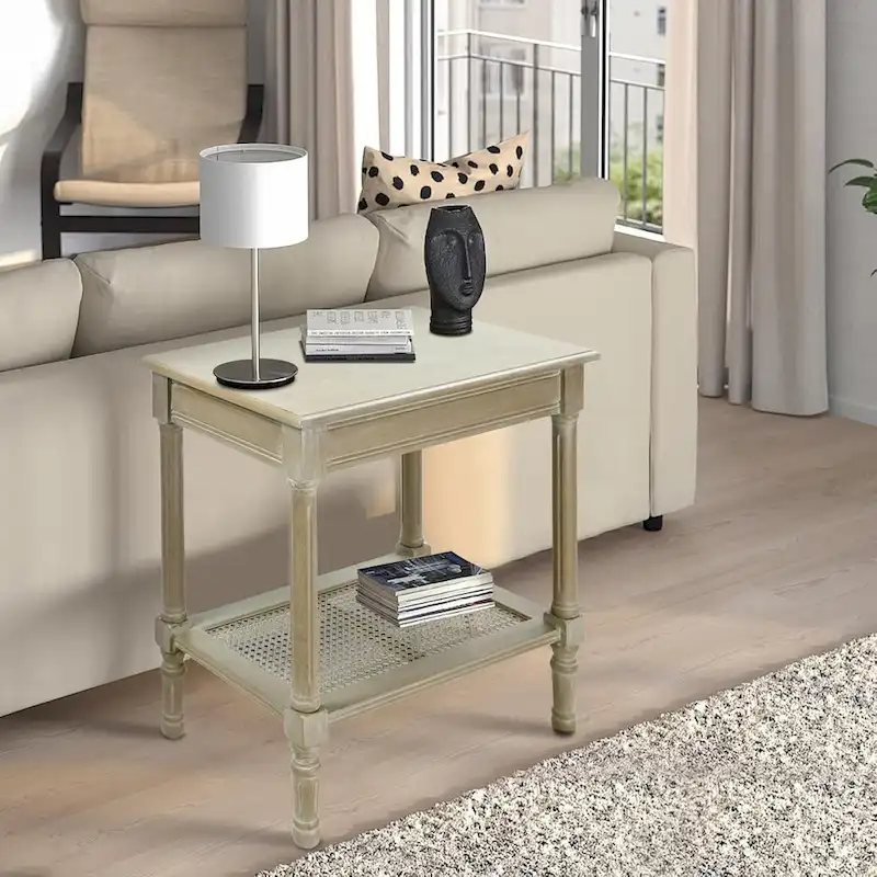 Copper Grove Reine Cream Side Table with Rattan Shelf