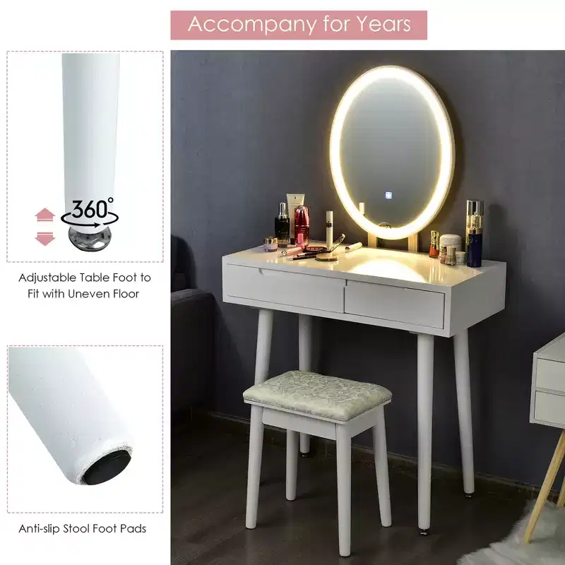 Costway Vanity Makeup Table Touch Screen 3 Lighting Modes Dressing Table Stool Set White\Black\ Gray