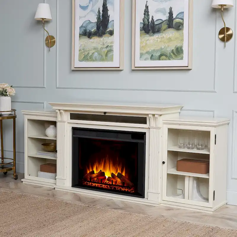 Tracey 84 TV Stand Electric Fireplace in Distressed White by Real Flame