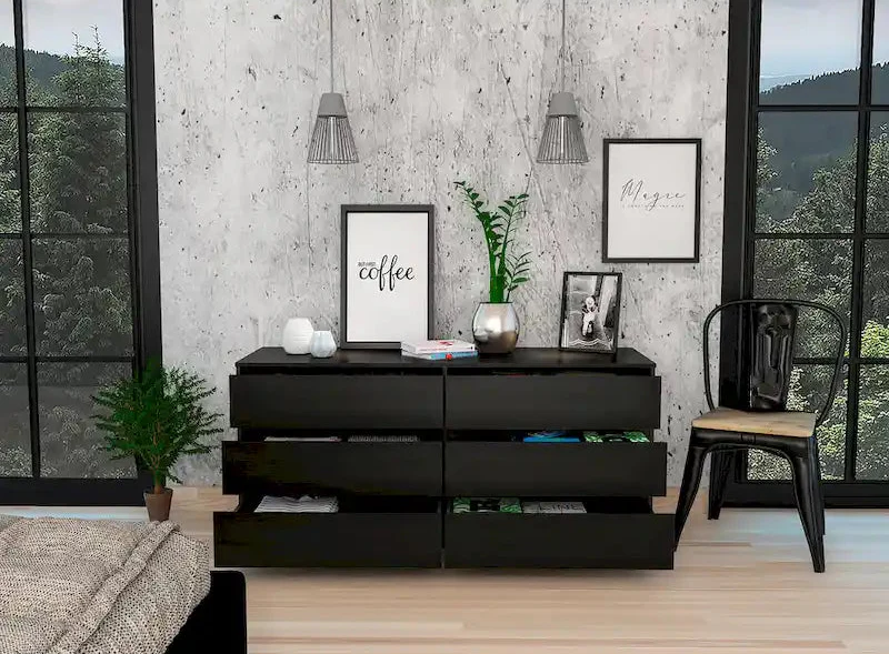 6-Drawer Dresser, Black/White/Light Gray/Light Oak, Metal Rails, Modern