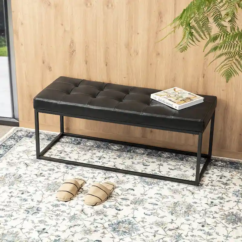 Glitzhome 45W Modern Black Tufted Upholstered Bench with Metal Frame Legs - 45W x 19H x 17.5D