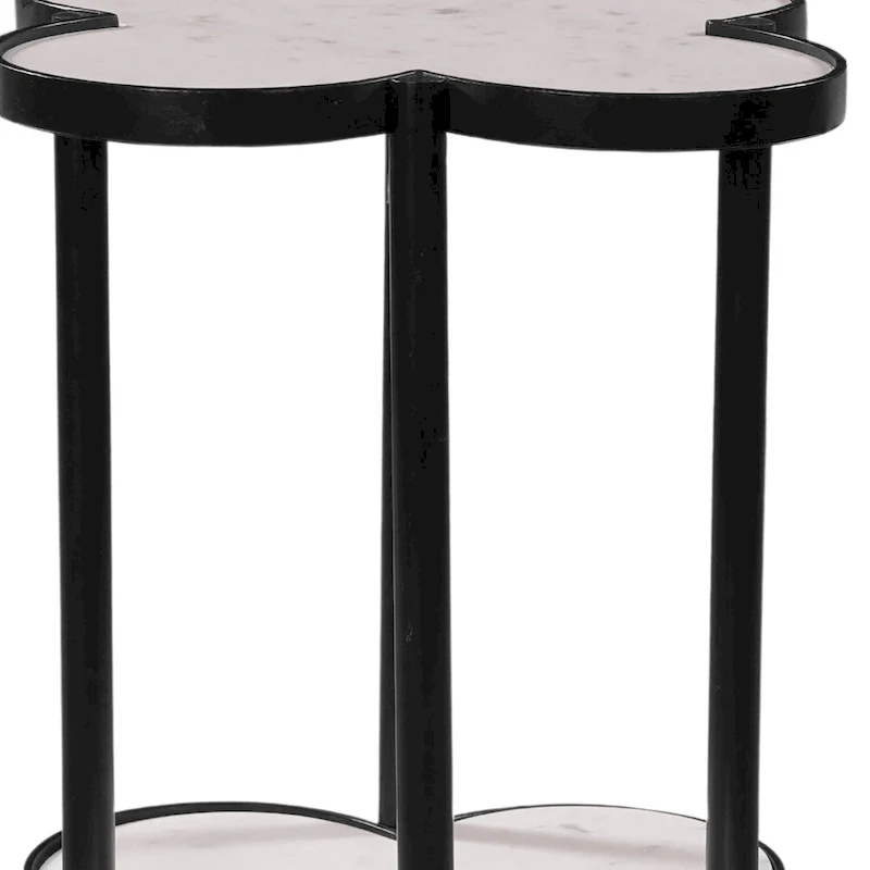 Chloe Side End Table, White Genuine Marble Clover Shape Top With Black Iron Frame