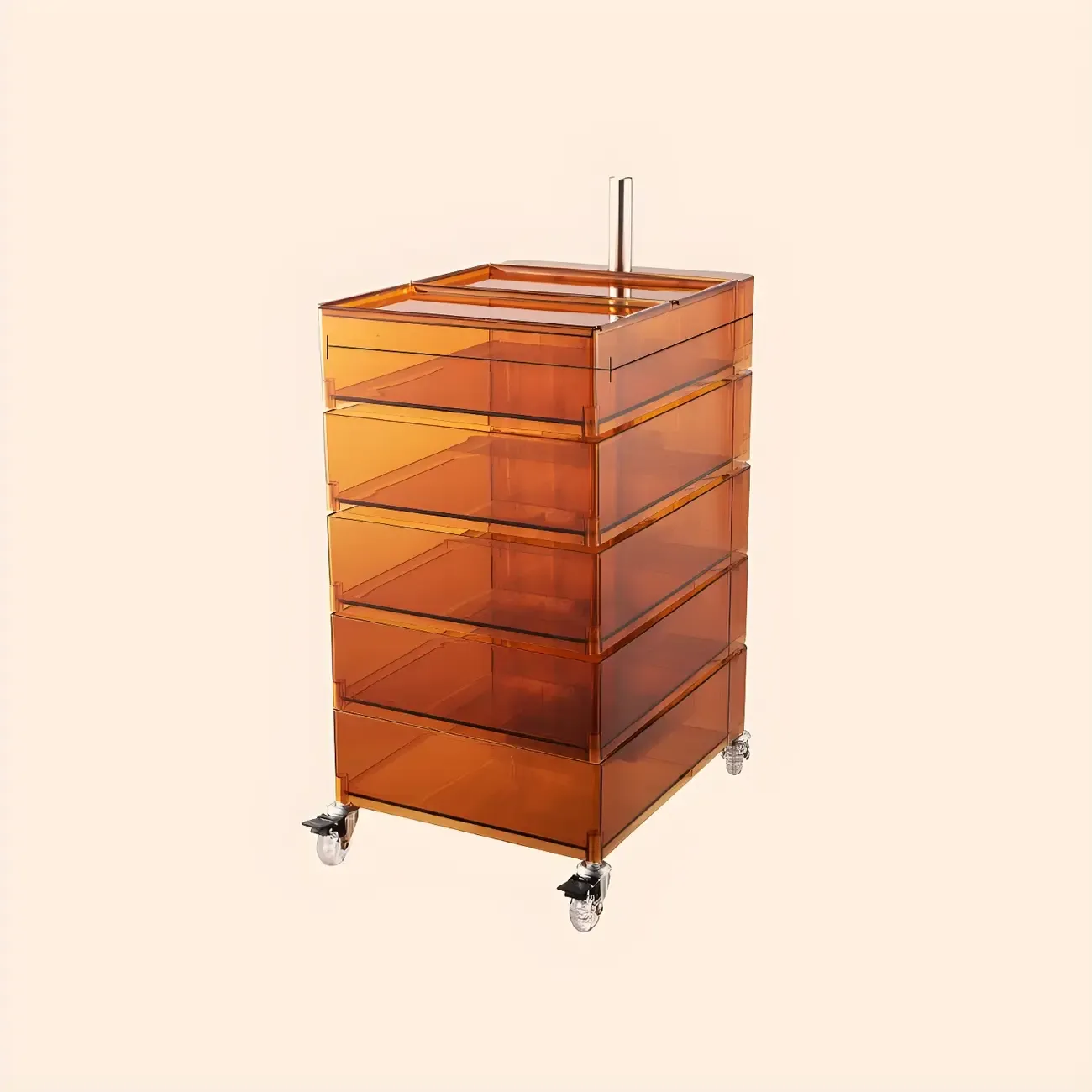 Vibrant Yellow Transparent Nightstand with Drawers and Wheels