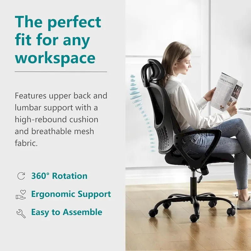 Ergonomic Office Chair, Comfy Computer Desk Chair Mesh High Back with Fixed Arms and Adjustable Headrest, Swivel Rolling Chair