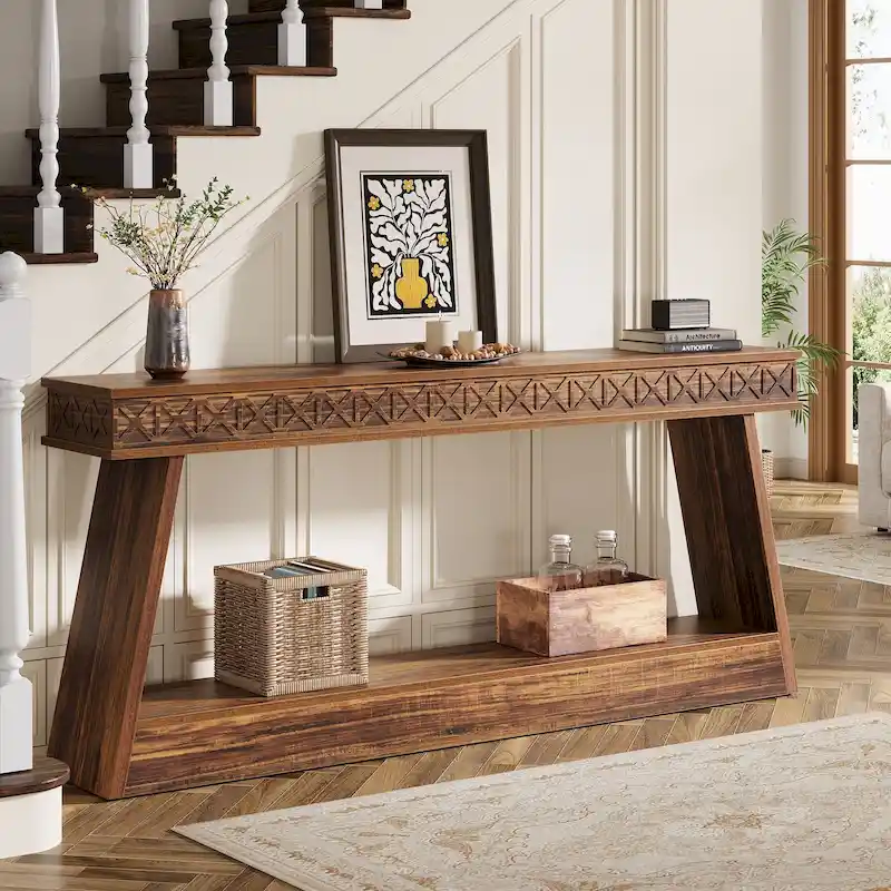 Farmhouse 2-Tier Console Table for Entryway, Living Room, Hallway, Foyer - 70.87 D x 11.81 W x 31.5 H