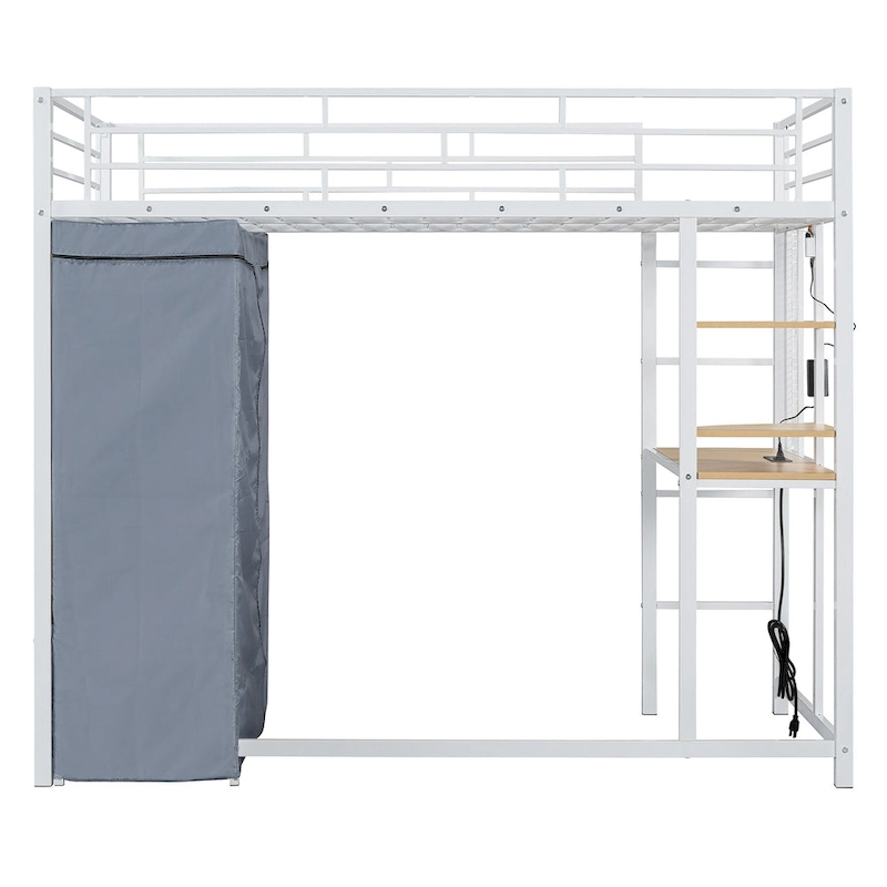 Twin Metal Loft Bed with Built-in Desk, Wardrobe & Power Outlet - 350LB Capacity