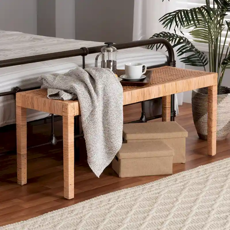Abelia Modern Bohemian Natural Rattan and Mahogany Wood Accent Bench