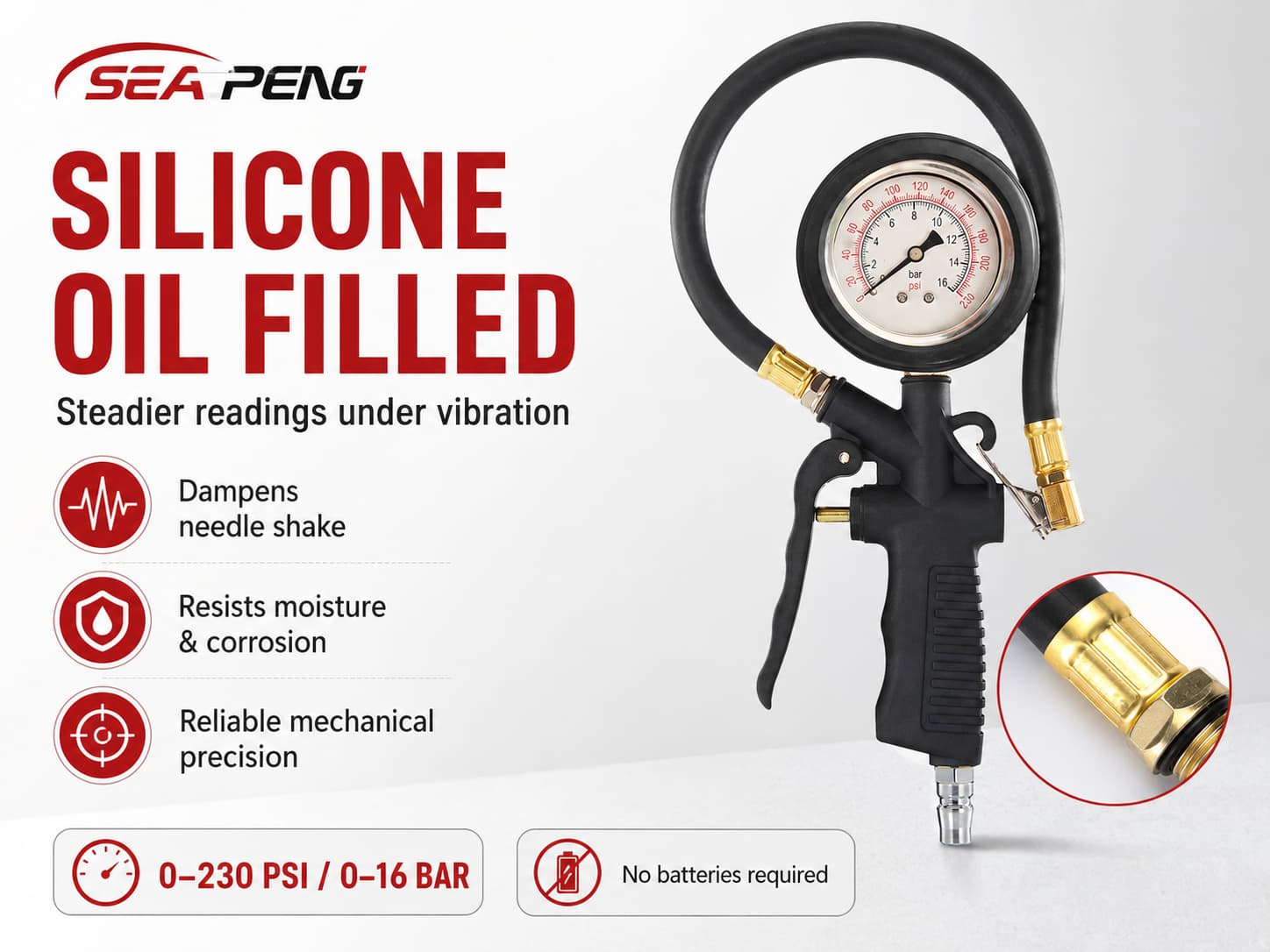 SEAPENG DP-202 Liquid-Filled Tire Pressure Gauge, 0-230 PSI for cars, trucks, RVs and garages