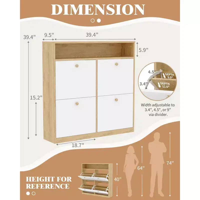 Brown Wood 4-Drawer Shoe Cabinet, Freestanding, for Adults