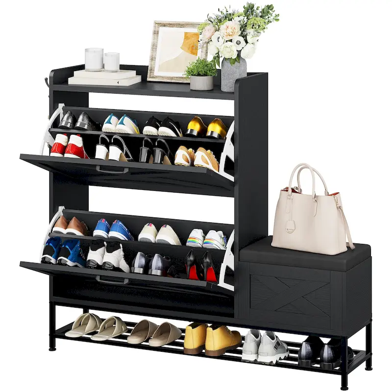 Farmhouse Shoe Storage Cabinet with Shoe Bench Entryway Shoe Storage with 2 Flip Drawers for 16 Pairs - 9.4W x 47.1L x 41.3H