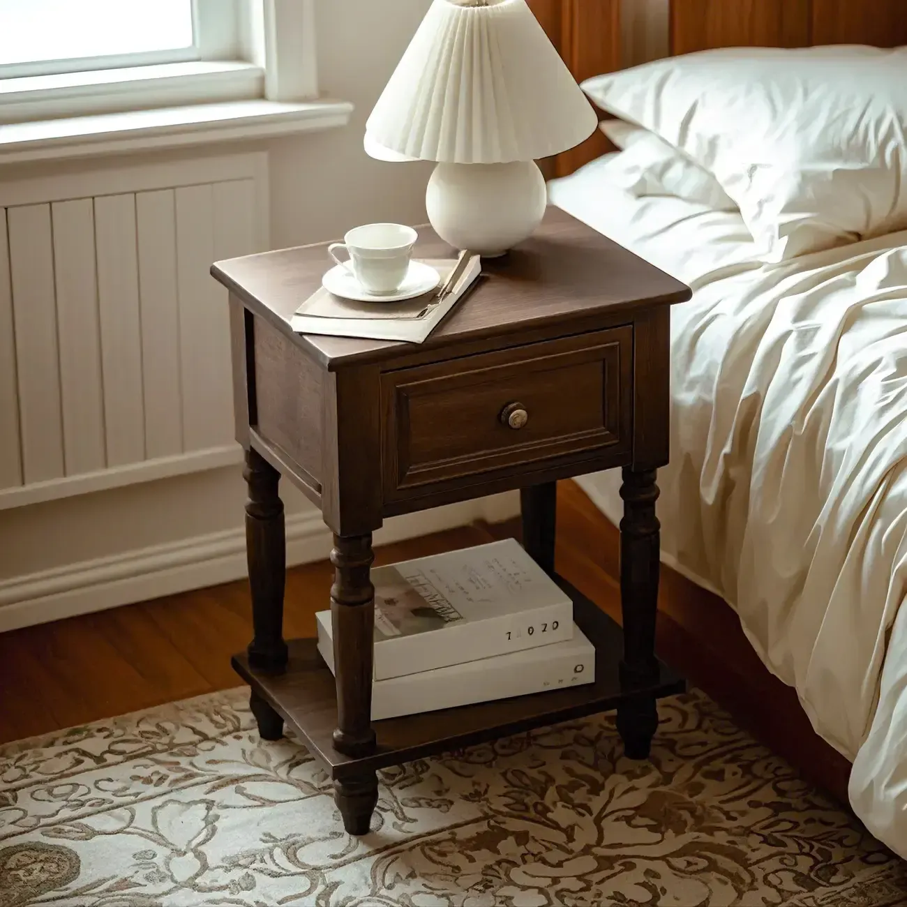 1-Drawer Brown Wood End Table for Small Space with Shelf